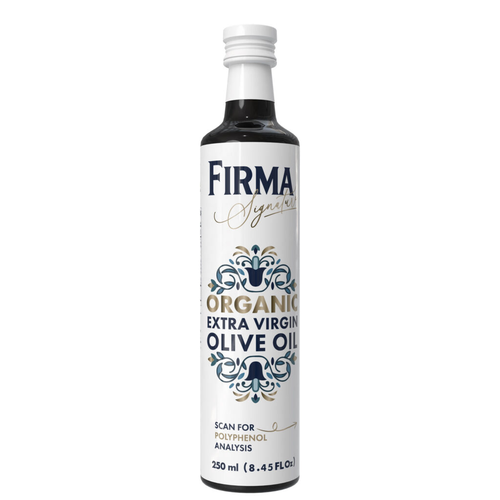 Front-facing product image of a 250 ml FIRMA Signature Organic Extra Virgin Olive Oil bottle. The dark glass bottle features a white cap and a premium white label with the FIRMA Signature logo in navy and gold, blue Mediterranean-inspired ornamental artwork, the text "Organic Extra Virgin Olive Oil," and a note to scan for polyphenol analysis.